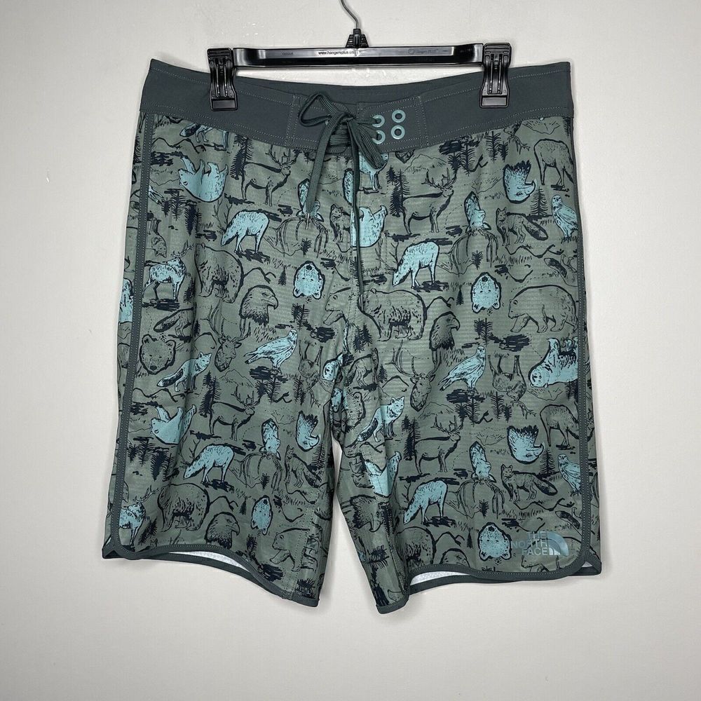 NORTH FACE Board Shorts Mens 32 x 10 Wildlife Print NEW Gray Unlined Elk Bear
